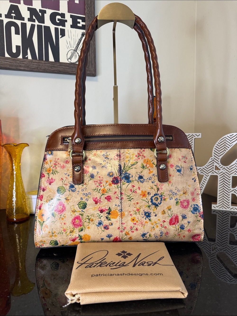 Patricia Nash Cream Floral Leather Shoulder Bag with Brown Trim